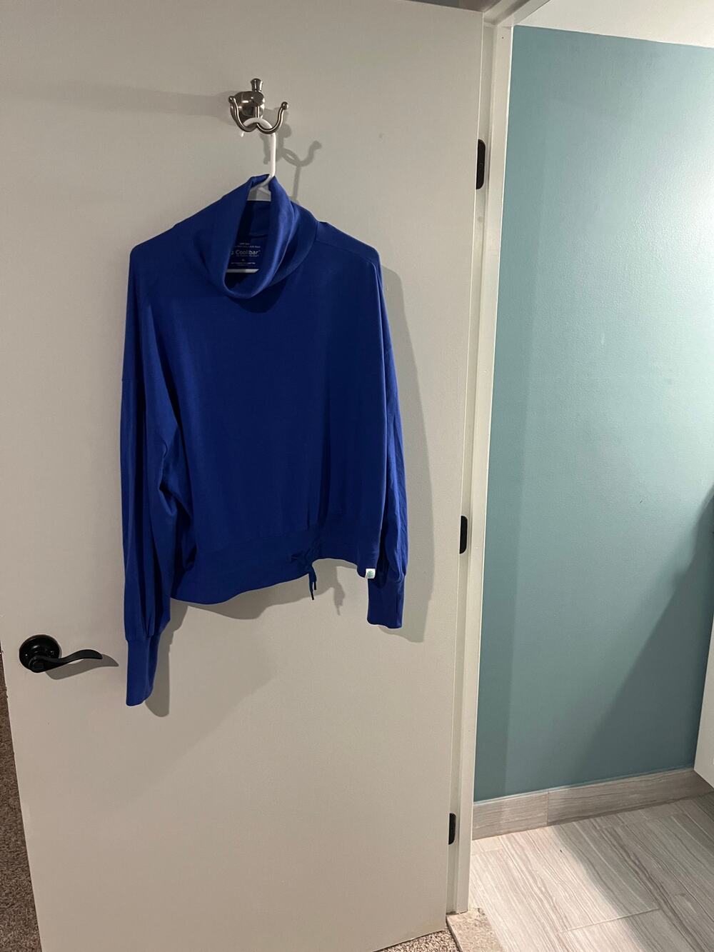 Coolibar UPF 50+ Bay Harbor Tie Waist Tee Blue Cowl Neck Thumbhole XL